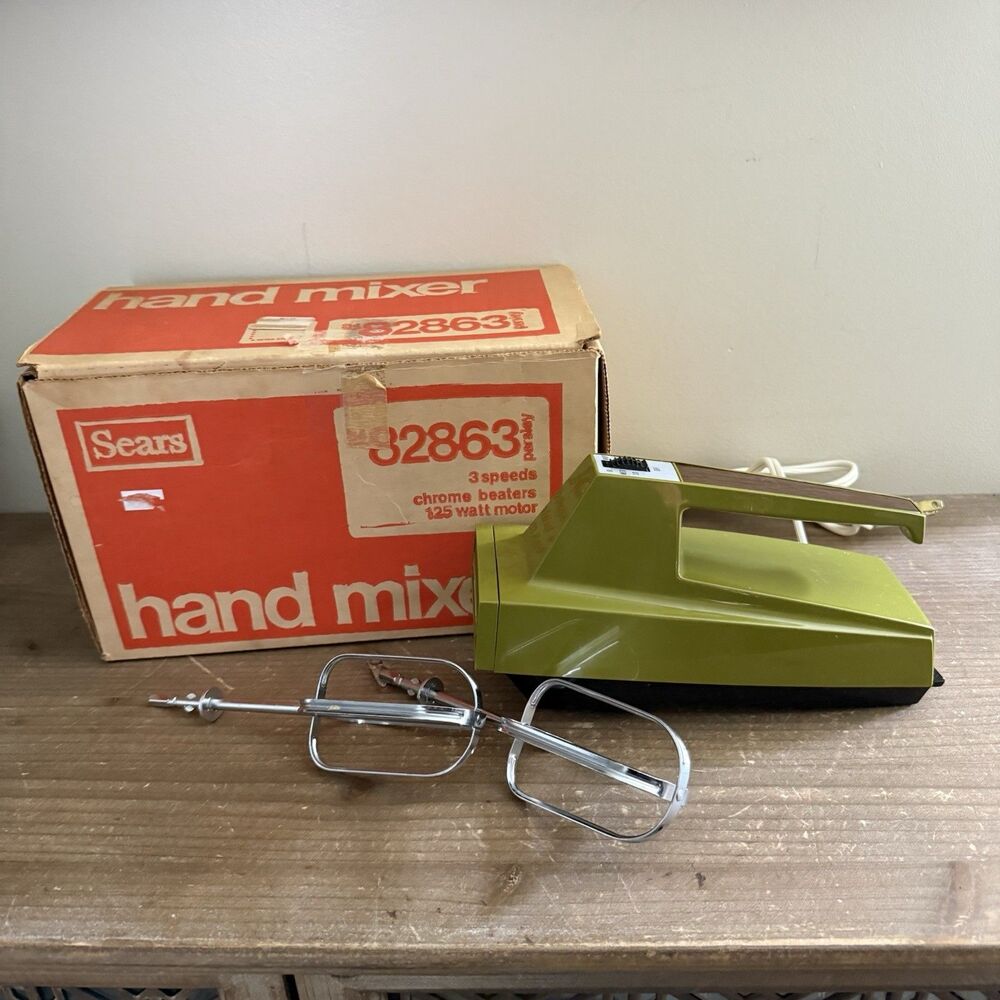 SEARS ROEBUCK & Co 3-SPEED HAND MIXER W Orig Box Avocado Green 82863 Works VTG